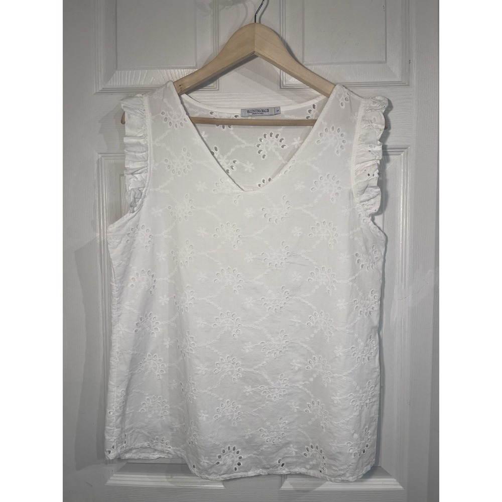 Valentina Naldi Italy White Eyelet Cotton Blouse L Ruffle Sleeve Boho Cottagecor